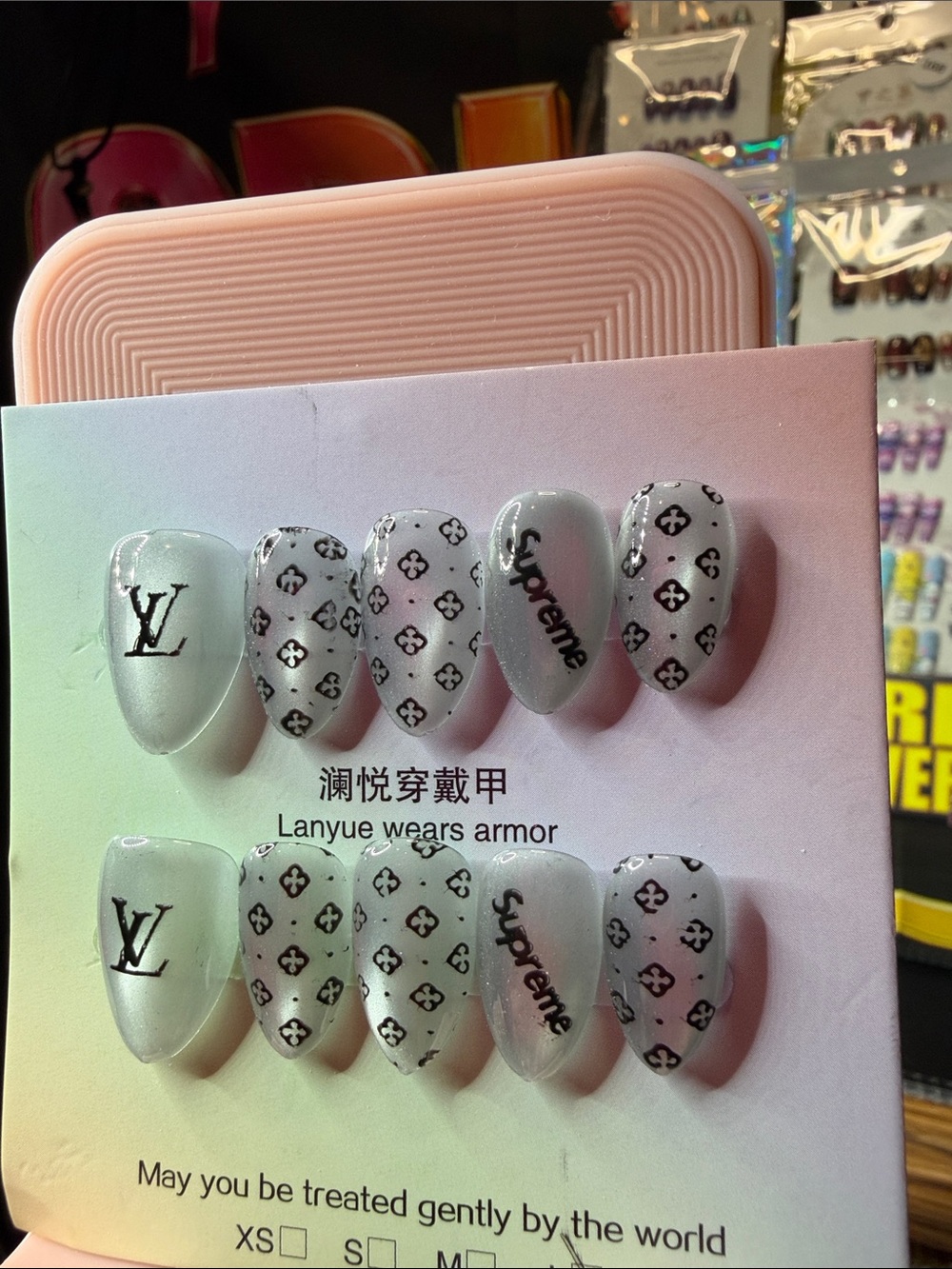 Pearl Grey Cat Eye Logo Press-On Nails with Black Accents - Picture 2 of 3